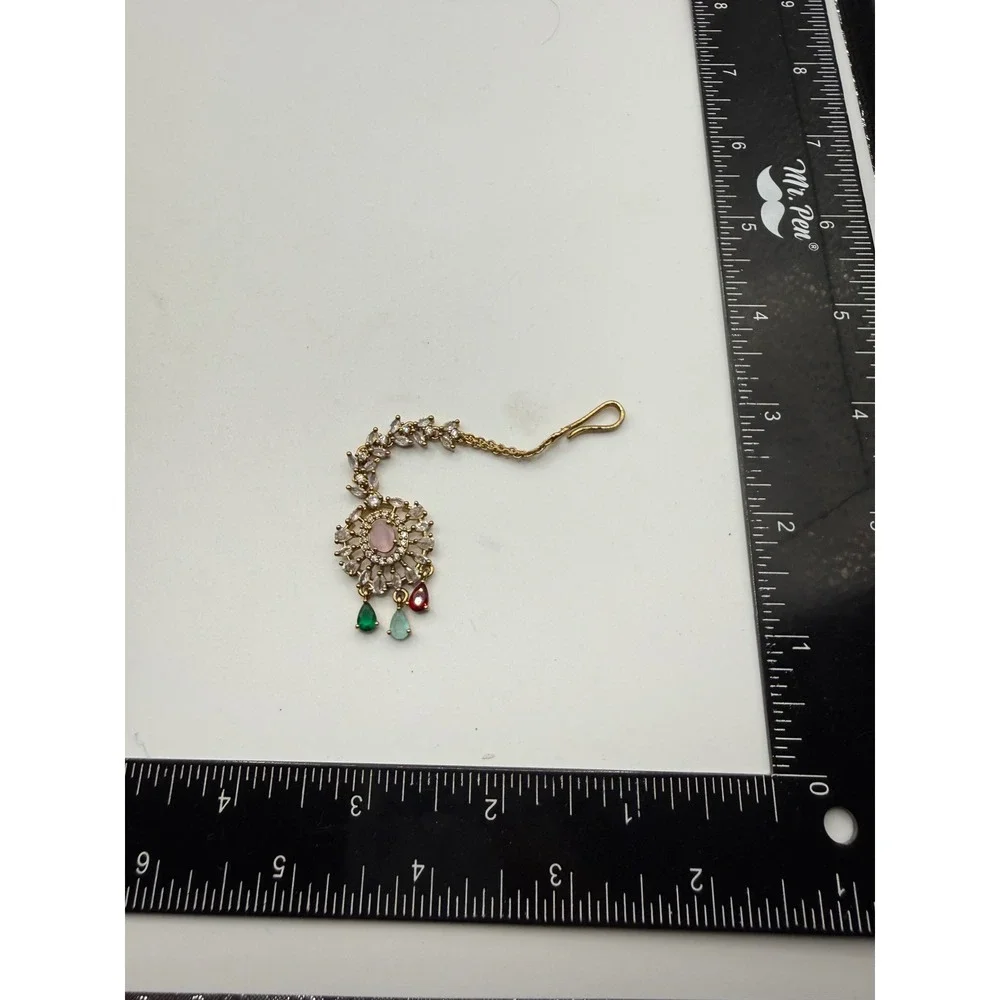 Gold Tone Maang Tikka Indian‎ Bridal Headpiece Crystal Multi Color Stone Jewelry